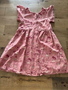 Souris Mini Pink Mushroom forest novelty Print ruffle glitter button dress sz 8